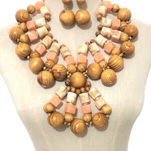 Wooden Beaded Statement Necklace - Tan and Pink